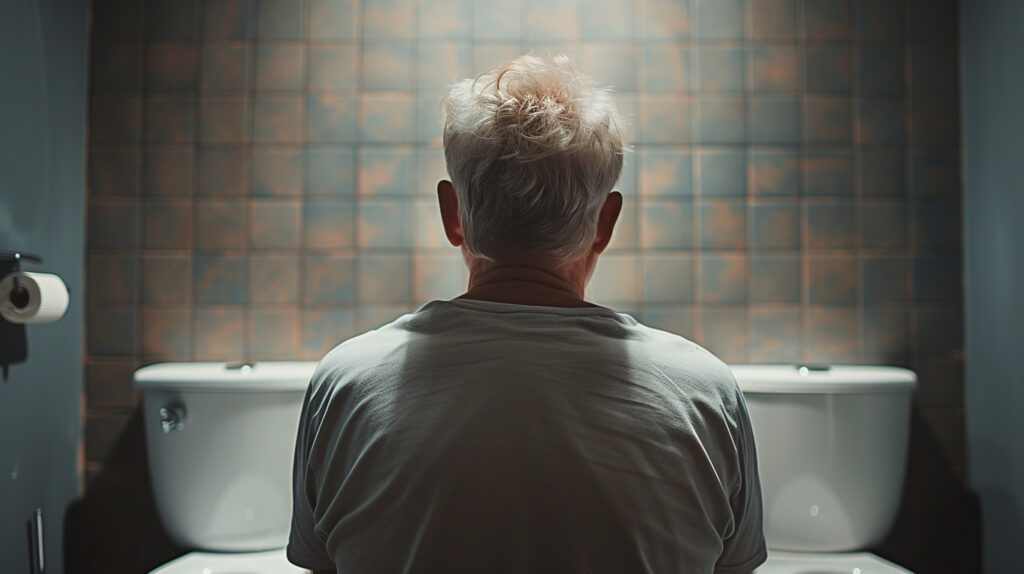 Homem de frente para o banheiro, pensando na sua vontade de urinar frequente.