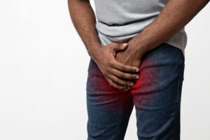 Homem com as mãos na região genital, para falar sobre a diferença entre HPB, prostatite e câncer de próstata